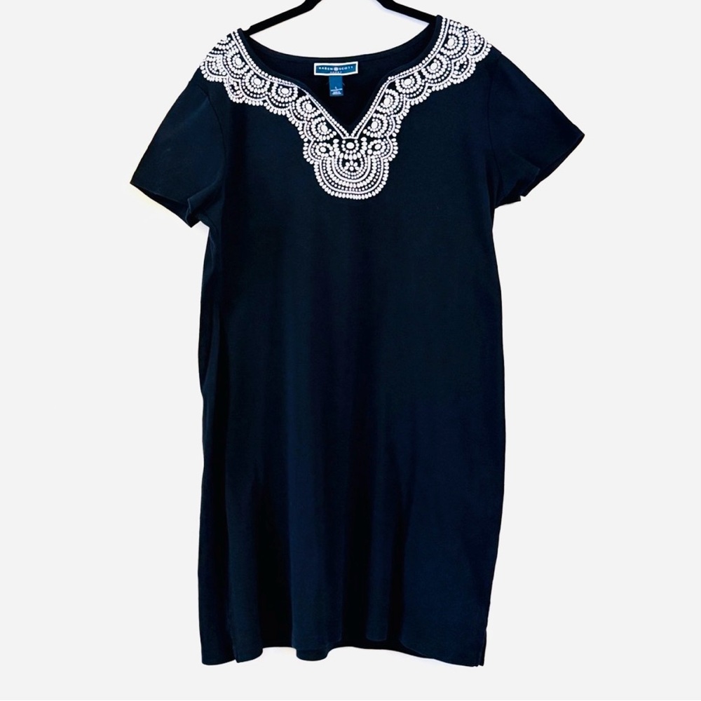 Karen Scott Black Dress with White Beaded Yoke Size L